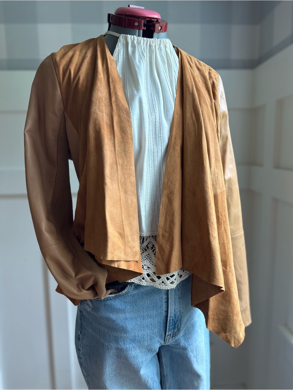 hinge Brown Suede & Leather Draped Open-Front Jacket Large